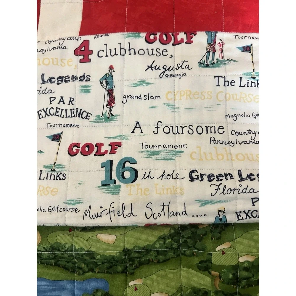 VINTAGE Patchwork Quilt Golf Themed On Both Sides 1950's